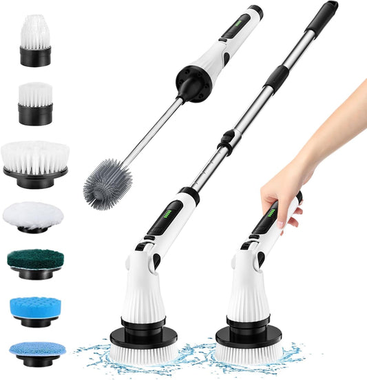 Electric Spin Scrubber, 2024 Electric Cleaning Brush with 8 Replaceable Brush Heads & Toilet Brush, Adjustable Angles & Long Handle, 2 Speeds Power Scrubbers for Bathroom, Tub, Tile, Toilet