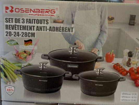 3Pcs Die-Cast Aluminium Stockpot Set with Glass Lids - Induction Safe Non-Stick Casserole Set