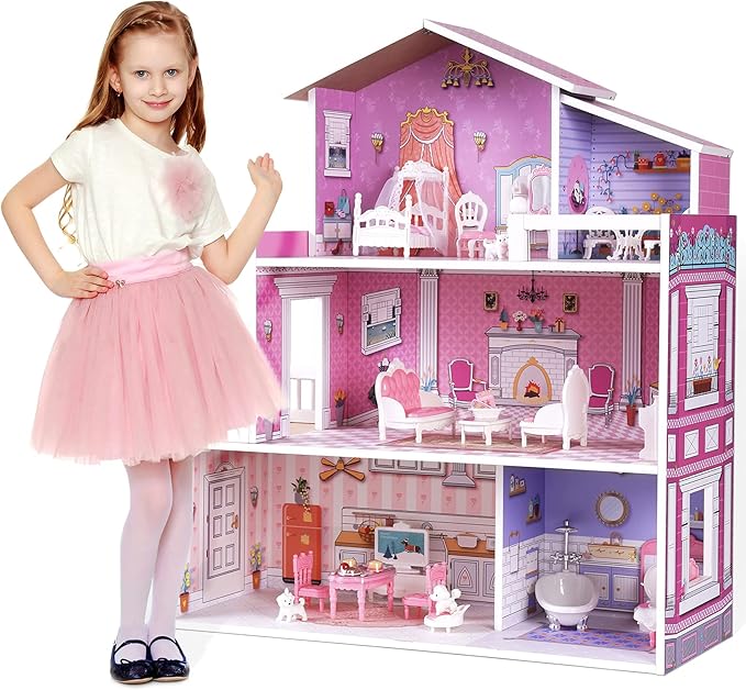 ROBUD Wooden Dolls House for Girls, 3 Storey Large Dollhouse with Furniture