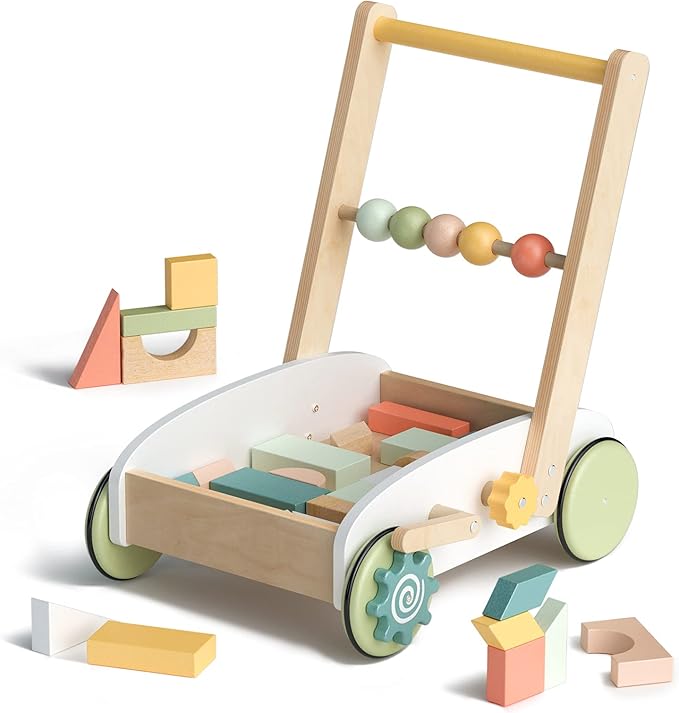 ROBUD Wooden Baby Push Walker with Building Blocks – 1st Birthday Gift for Toddlers