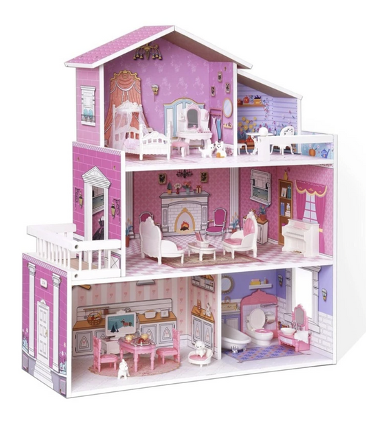 Wooden Dollhouse for Kids with 24-Piece Furniture Set – Preschool Playset for Girls and Toddlers, Perfect Gift