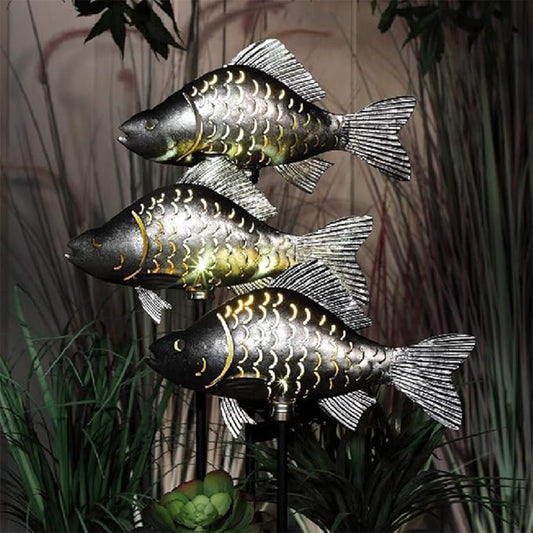 1 x Noma Solar Carp Fish LED Metal Stake Light Silver Pond Garden