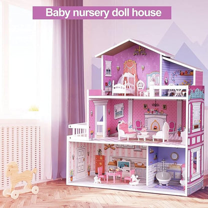 ROBUD Wooden Dolls House for Girls, 3 Storey Large Dollhouse with Furniture