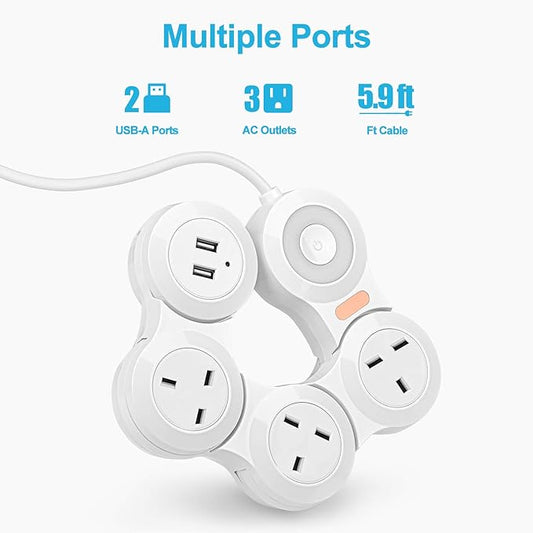 ANUEVE Extension Power Strip Adjustable 3 Plugs + 2 USB Ports with Big Plug Space 220V UK Plug-White