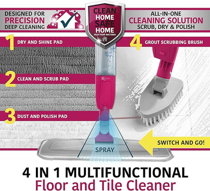 4-in-1 Spray Mop with Grout Scrubber Attachment, 300 ml Refillable Spray Tank, 120 cm Handle