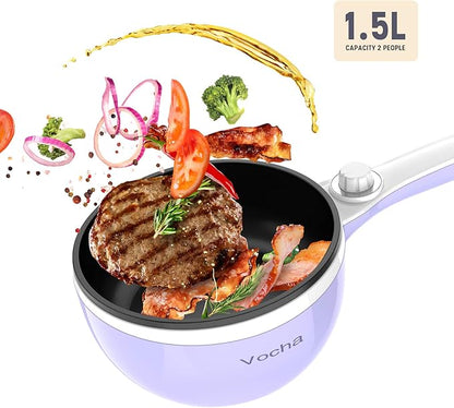 Vocha Electric Hot Pot, 1.5L Mini Portable Electric Pan Non-Stick, Multi-Cooker with Lid for Travel/Dormitory