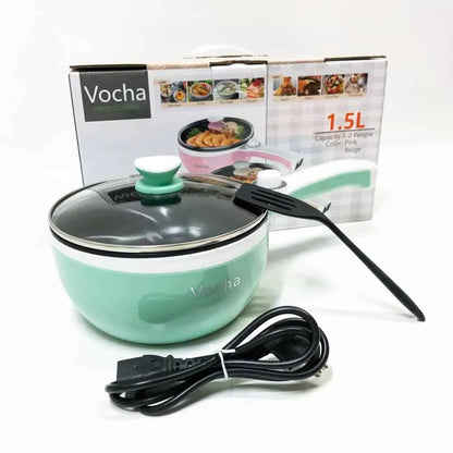 Vocha Electric Portable Mini Saucepan Non-Stick Frying Pan with Lid - 1.5L (Beige)