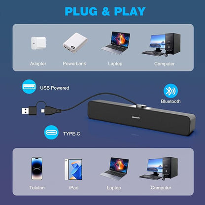 HEANTTV 2.0 Hi-Fi Stereo Computer Soundbar, USB Speaker for PC, Laptop, PS5, Tablet, Smartphone