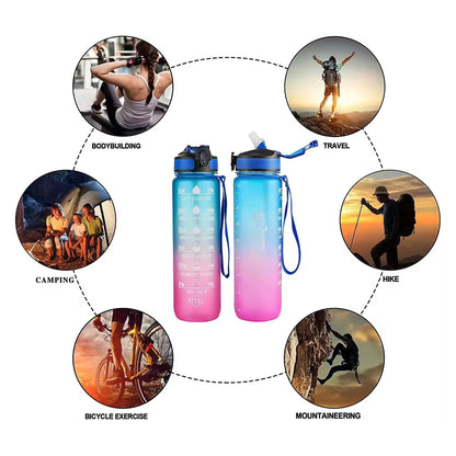 1L Motivational Water Bottle – BPA-Free Tritan, Time Marker, Leak-Proof, for Kids & Fitness