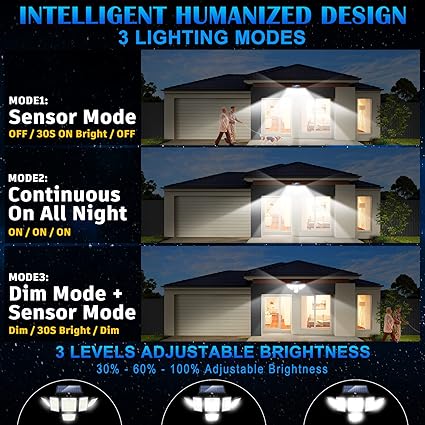 Solar Lights Outdoor Motion Sensor - 300 LED 7000K 3000LM 5 Levels Brightness