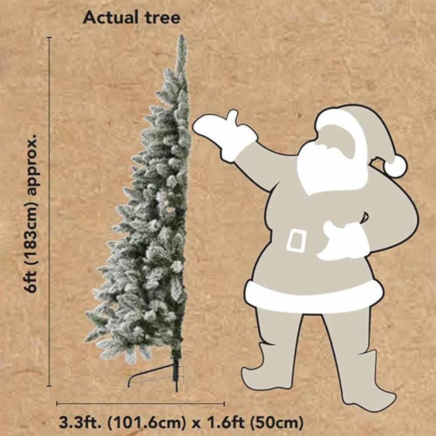 Key features: 6-ft artificial snow-flocked Christmas tree, unlit, foldable design, realistic foliage, ideal for home decoration, includes metal stand