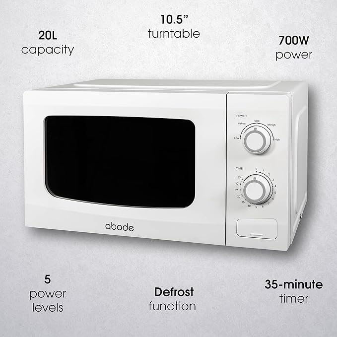 Abode Manual Microwave 700W 20L 5 Power Levels & Defrost White AMM2001-M