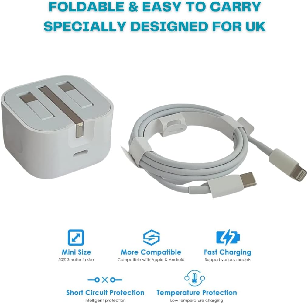 20W USB C Fast Charger With 1M Cable Compatible with iPhone 14/14 Plus/14 Pro/14 Pro Max/13 12 11 X XR XS SE 2020 8 7 6 6S Mini, Pad Pro, USBC PD Wall Charging Plug UK Type C Power Adapter