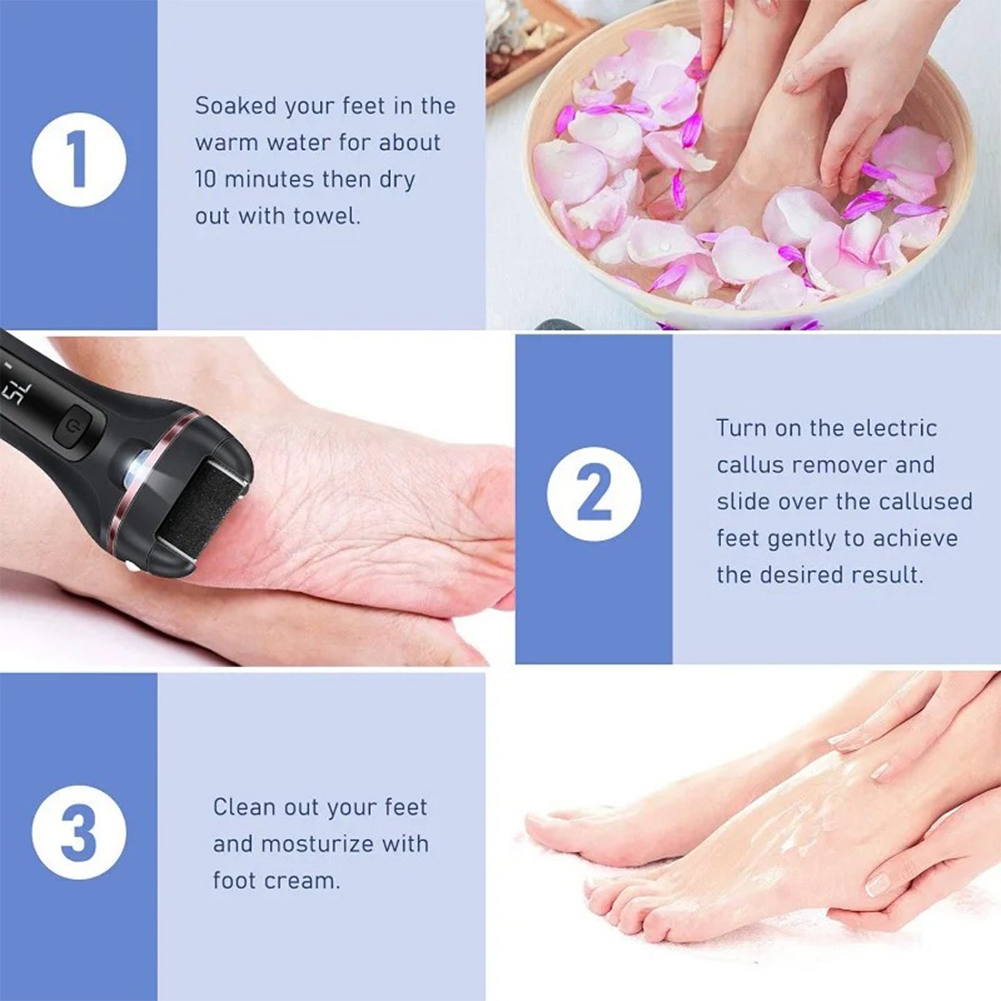 Rechargeable Electric Foot File, 3 Rollers, 2 Speeds