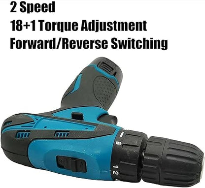 12v Cordless Drill Driver Kit, Portable Multifunction Drilling Tool with 2 Lithium Battery / 2-Speed / 18+1 Torque Adjustment