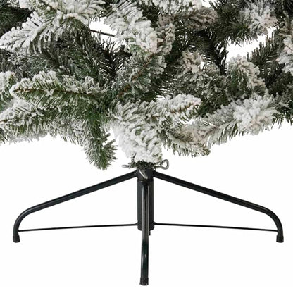 Key features: 6-ft artificial snow-flocked Christmas tree, unlit, foldable design, realistic foliage, ideal for home decoration, includes metal stand