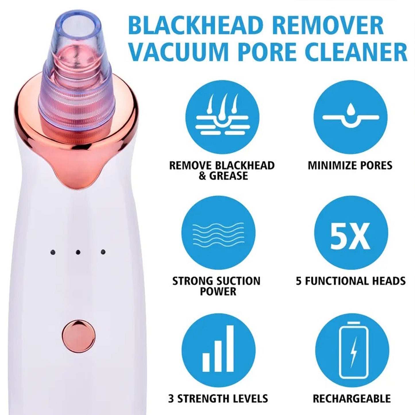 Blackhead Remover Pore Vacuum – 3 Suction Levels, 5 Probes, Face Pore Cleaner