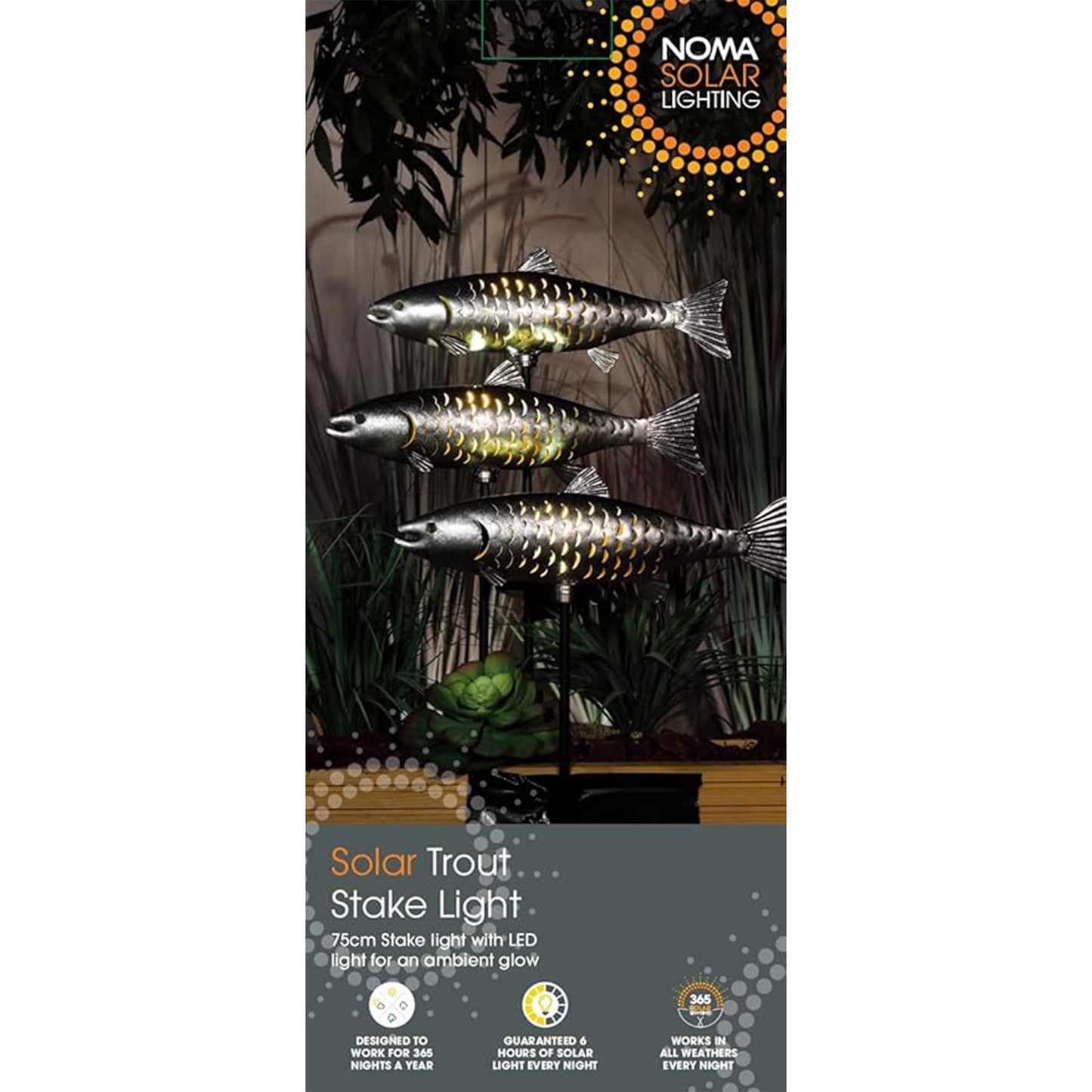 1 x Noma Solar Carp Fish LED Metal Stake Light Silver Pond Garden