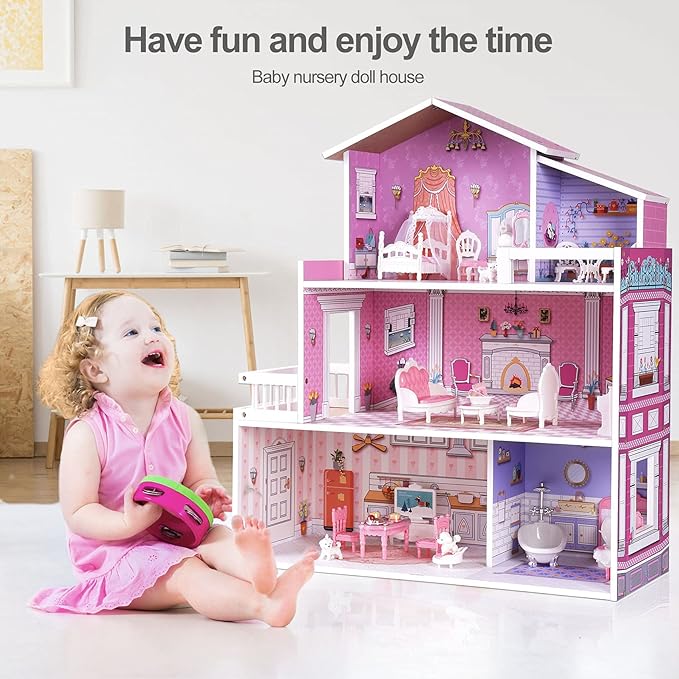 ROBUD Wooden Dolls House for Girls, 3 Storey Large Dollhouse with Furniture