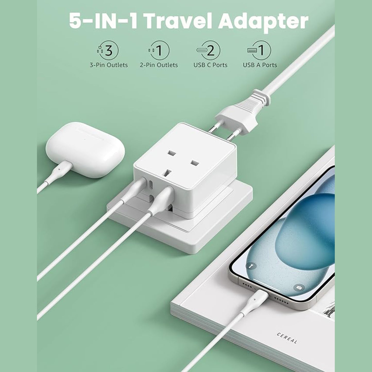 UK to EU Travel Plug Adapter with 3 USB Ports (1 USB-A, 2 USB-C)