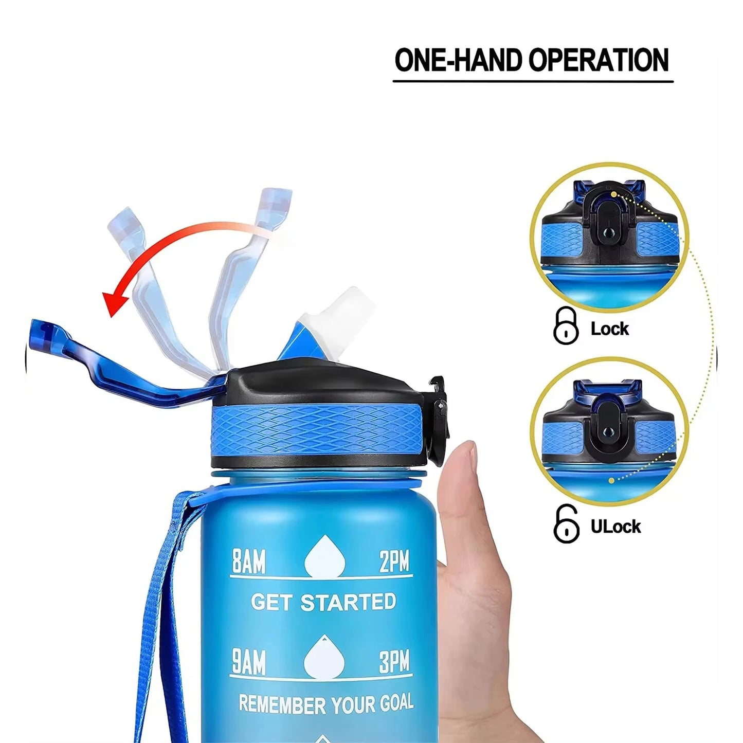 1L Motivational Water Bottle – BPA-Free Tritan, Time Marker, Leak-Proof, for Kids & Fitness