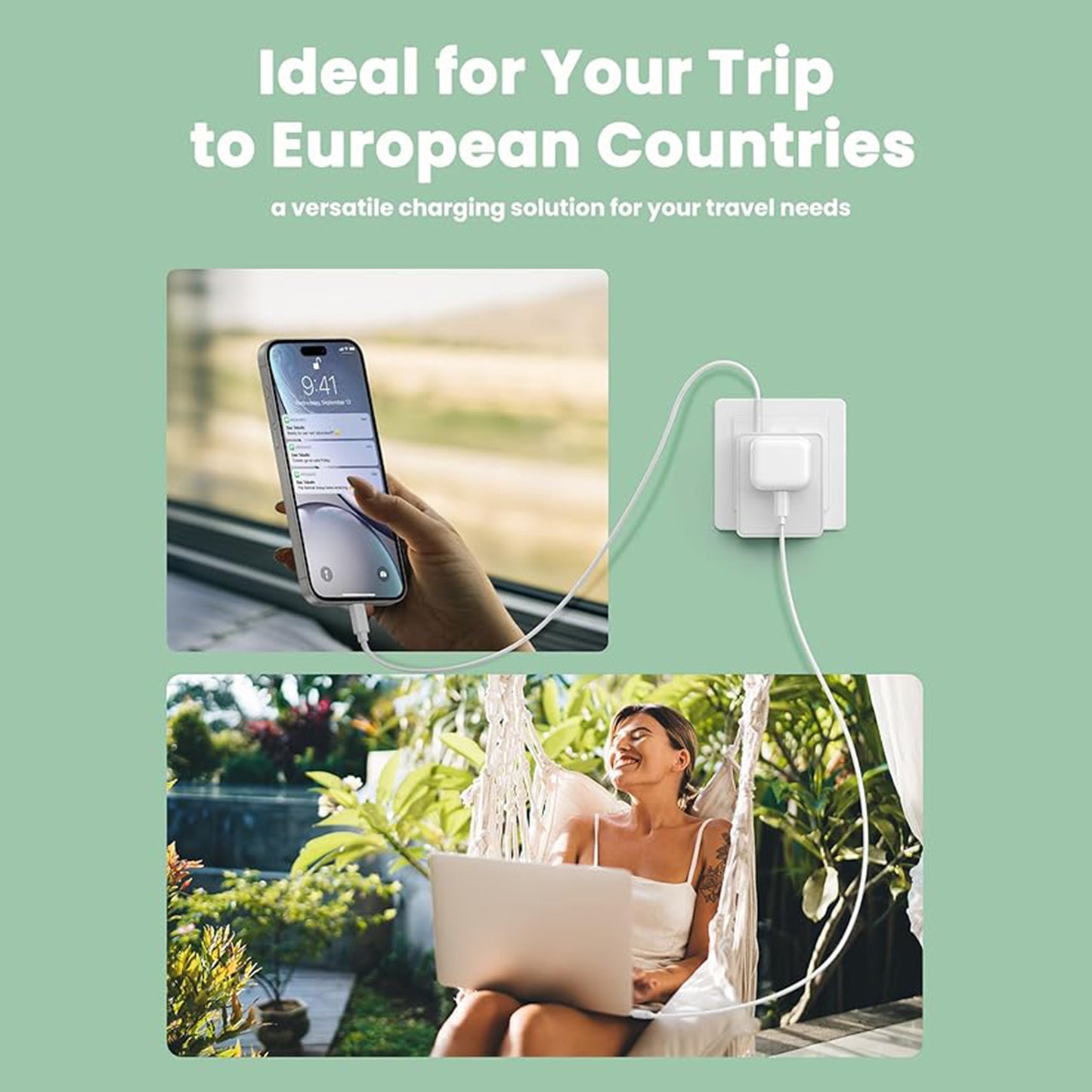 UK to EU Travel Plug Adapter with 3 USB Ports (1 USB-A, 2 USB-C)