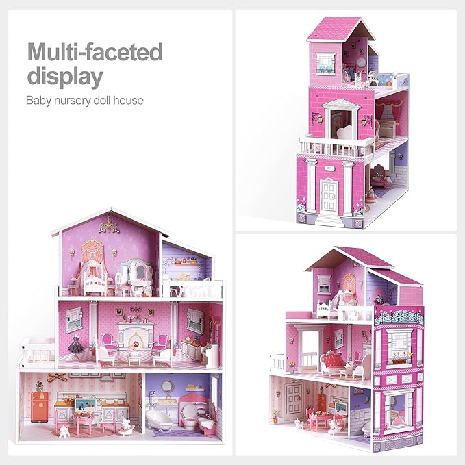 ROBUD Wooden Dolls House for Girls, 3 Storey Large Dollhouse with Furniture