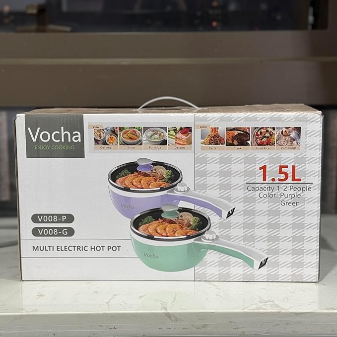 Vocha Electric Hot Pot, 1.5L Mini Portable Electric Pan Non-Stick, Multi-Cooker with Lid for Travel/Dormitory