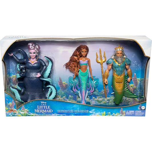 Mattel Disney Toys, Collectible Set of 3 Fashion Dolls with Ariel, King Triton & Ursula in Signature Outfits, Inspired by The Little Mermaid