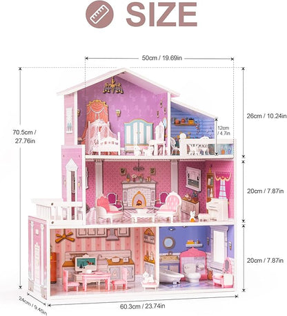 ROBUD Wooden Dolls House for Girls, 3 Storey Large Dollhouse with Furniture