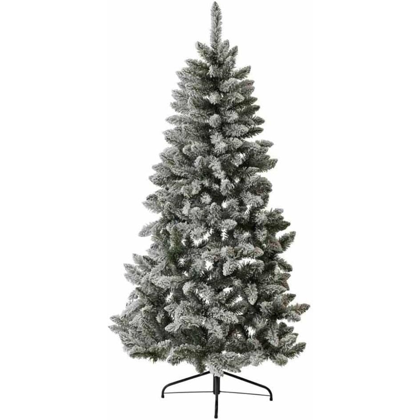 Key features: 6-ft artificial snow-flocked Christmas tree, unlit, foldable design, realistic foliage, ideal for home decoration, includes metal stand