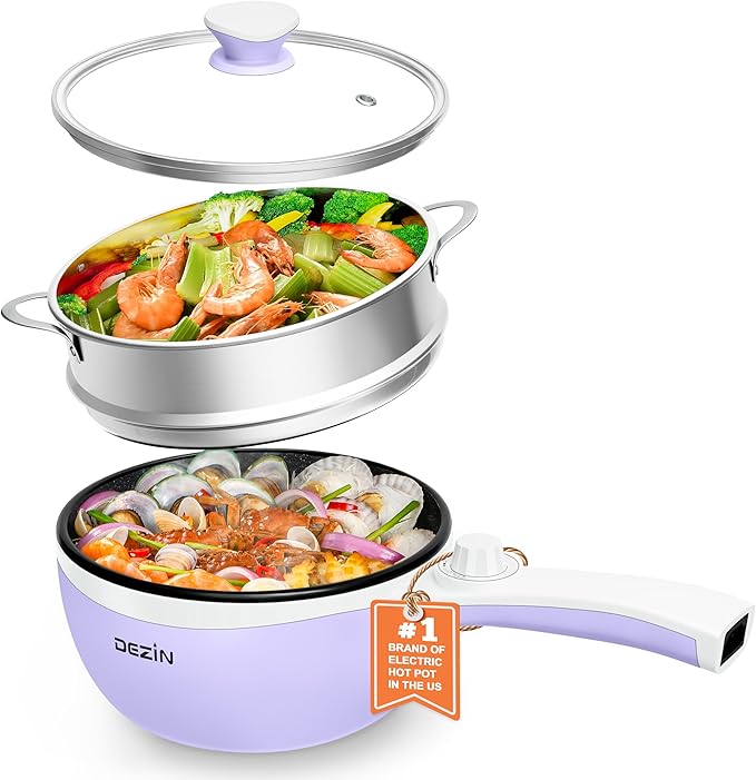 Vocha Electric Hot Pot, 1.5L Mini Portable Electric Pan Non-Stick, Multi-Cooker with Lid for Travel/Dormitory